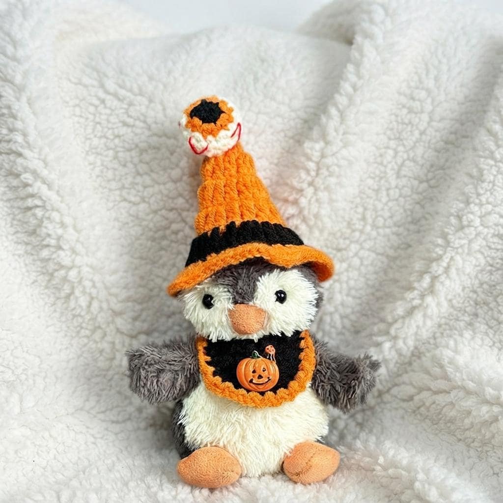 Hand-Crochet Halloween Penguin Outfit  Witch Hat, Pumpkin Collar Set