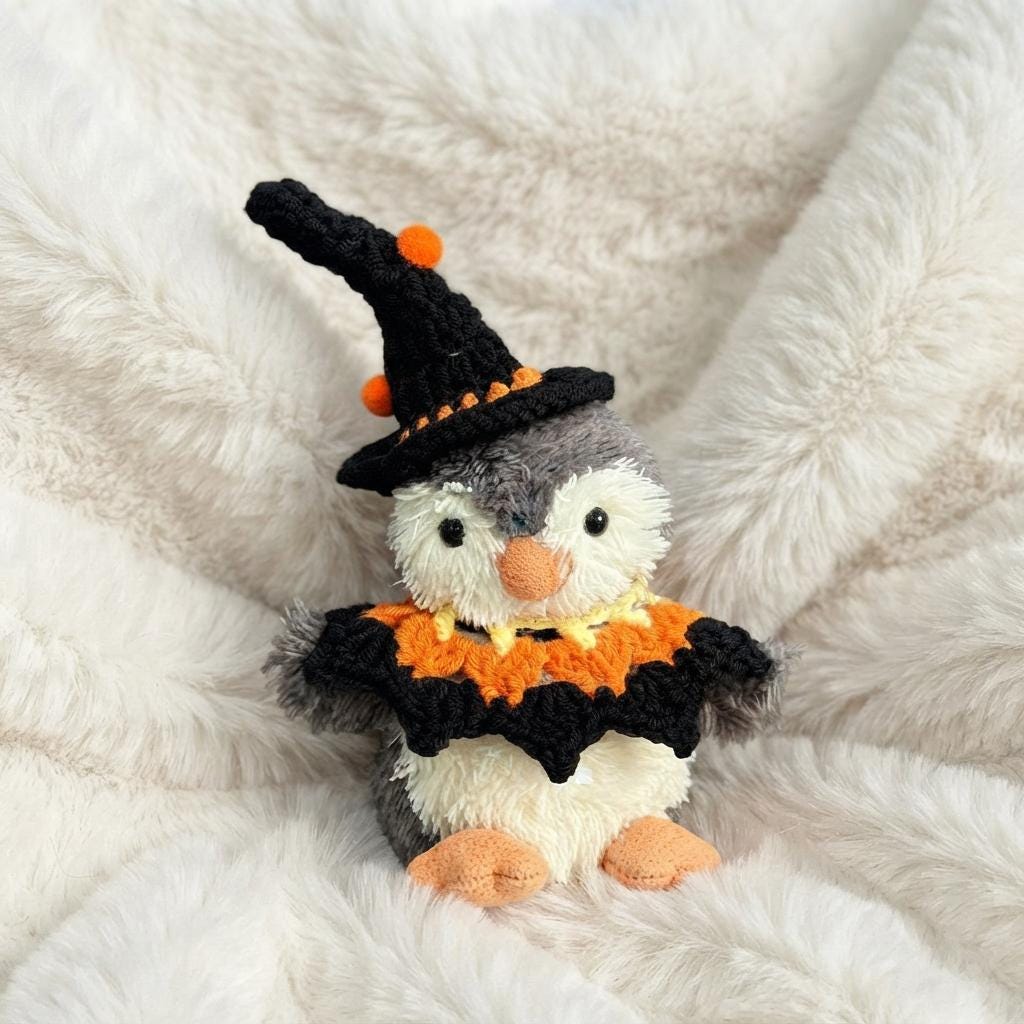 Hand-Crochet Halloween Penguin Outfit  Witch Hat, Pumpkin Collar Set