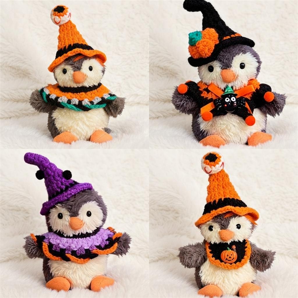 Hand-Crochet Halloween Penguin Outfit  Witch Hat, Pumpkin Collar Set