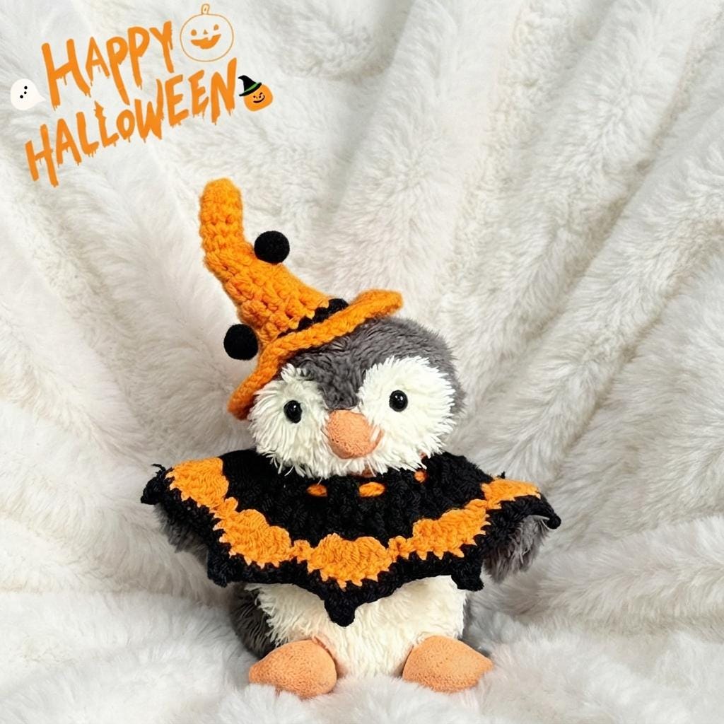 Hand-Crochet Halloween Penguin Outfit  Witch Hat, Pumpkin Collar Set