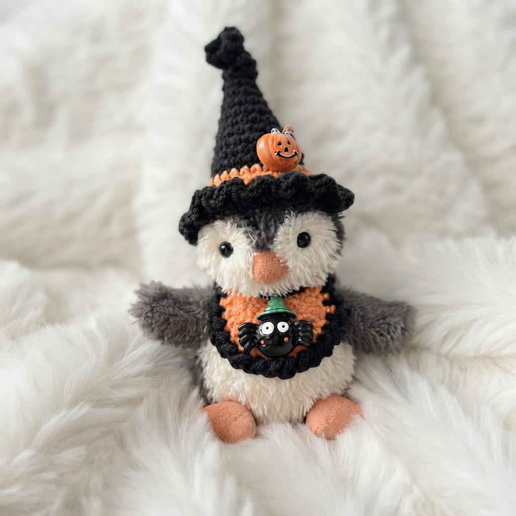Hand-Crochet Halloween Penguin Outfit  Witch Hat, Pumpkin Collar Set