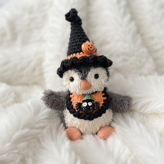 Hand-Crochet Halloween Penguin Outfit for Jellycat Bartholomew Bear, Witch Hat & Pumpkin Collar Set