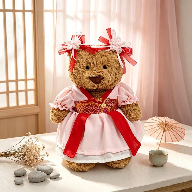Handmade Traditional Hanfu Dress for 10 Inch Plushie, Pink Floral Outfit