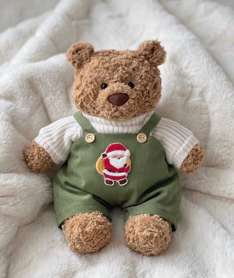 Handmade Christmas Bear Dungaree Set, Corduroy Overalls Outfit for Bartholomew Bear, Cute Plush Clothes - Mimiplushoutfits