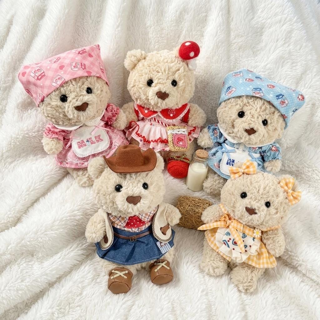 Handmade Country Outfit Set for Junior Bartholomew Bear, Milkmaid Dress & Cowboy Costume Bear Clothes