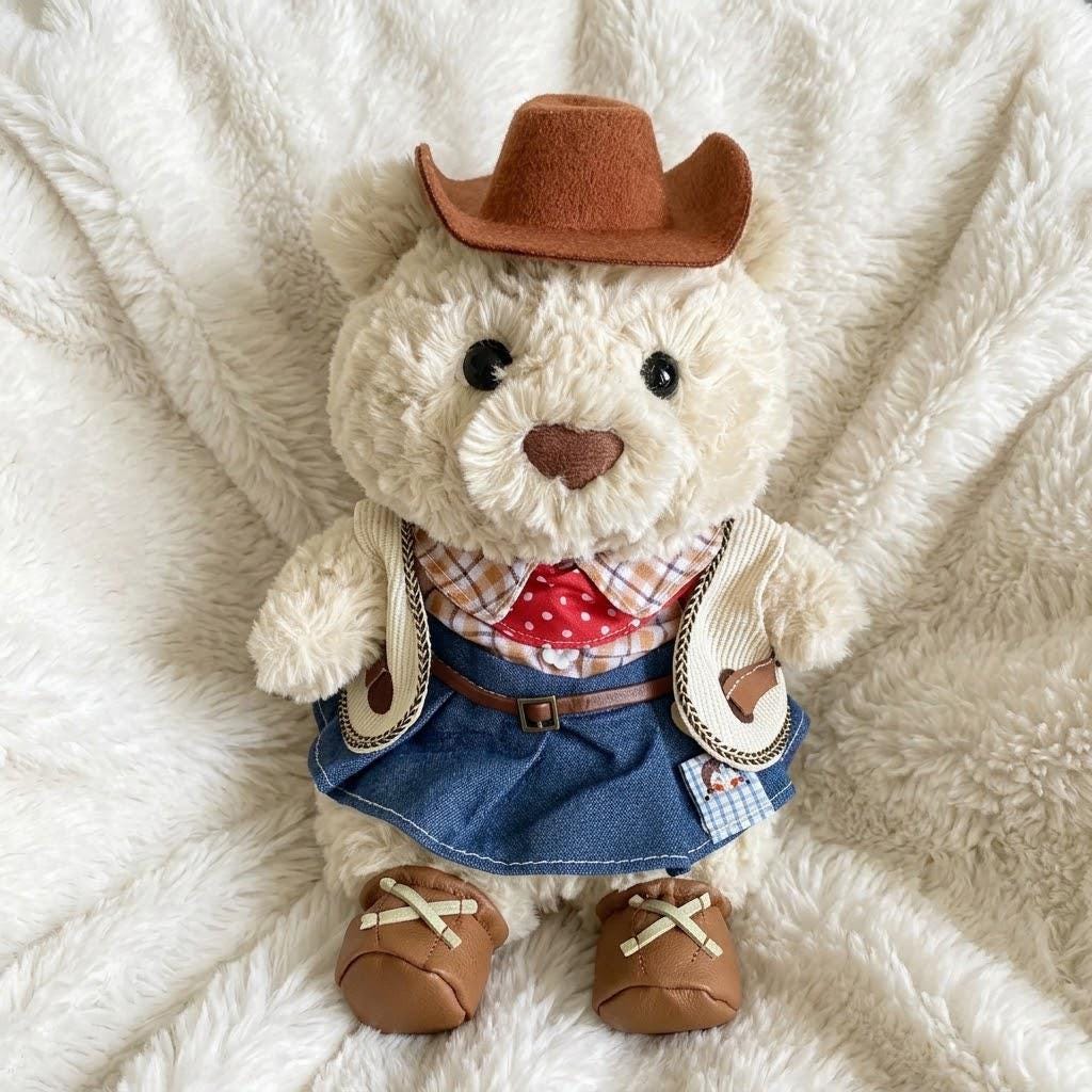 Handmade Country Outfit Set for Junior Bartholomew Bear, Milkmaid Dress & Cowboy Costume Bear Clothes