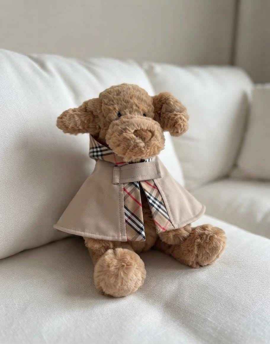 Handmade Autumn Winter Trench Coat Outfit Set for 14 Inch Plush Bear, Classic Plaid Belted Overcoat Clothes Fits Stuffed Animals