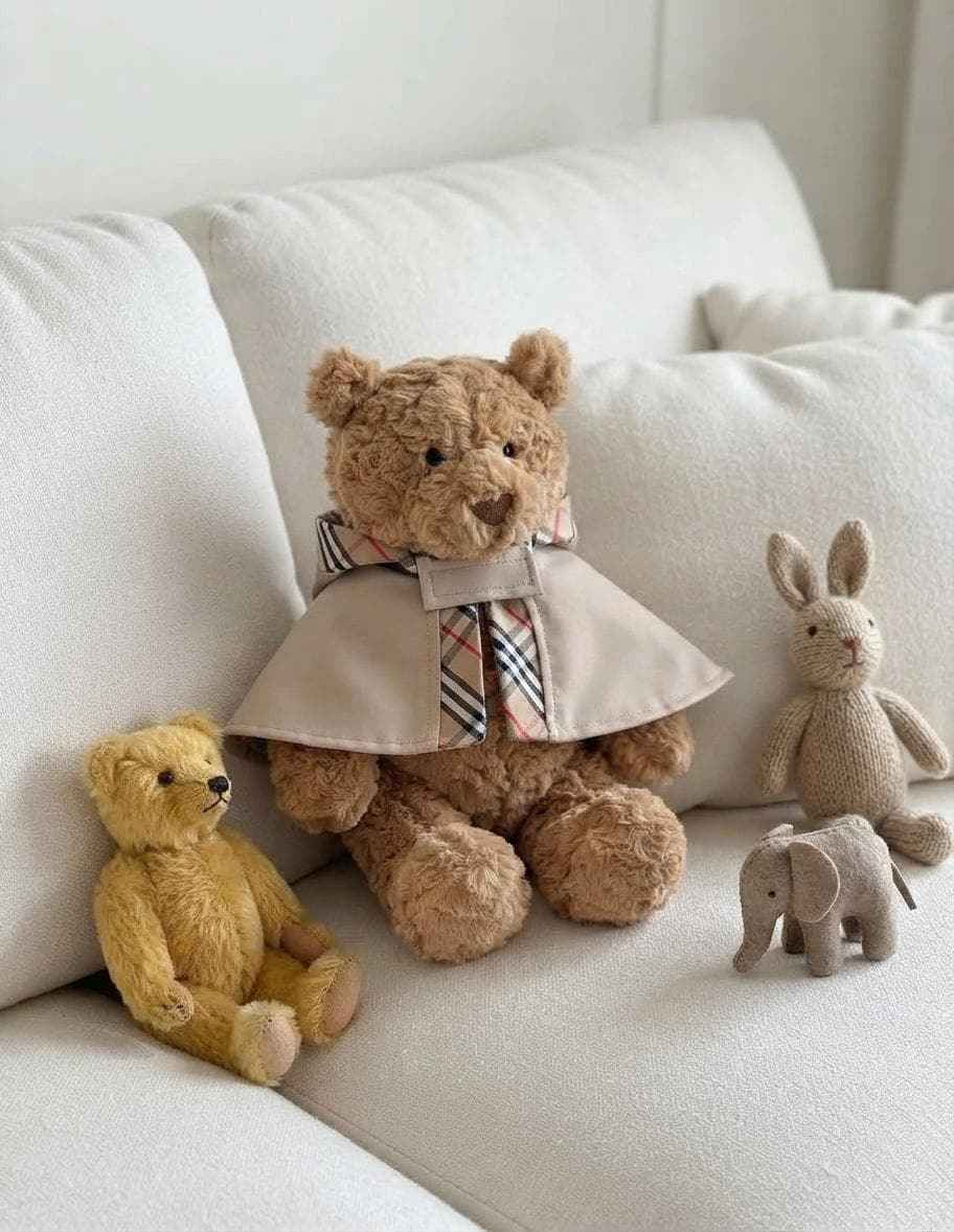 Handmade Autumn Winter Trench Coat Outfit Set for 14 Inch Plush Bear, Classic Plaid Belted Overcoat Clothes Fits Stuffed Animals