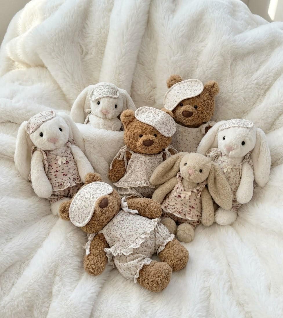 Floral Pajama Set for Jellycat Bartholomew Bear & Bashful Bunny, Ruffle Top and Sleep Mask