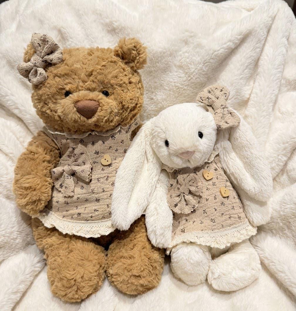 Floral Dress for Jellycat Bartholomew Bear & Bashful Bunny, Lace Hem and Matching Bow