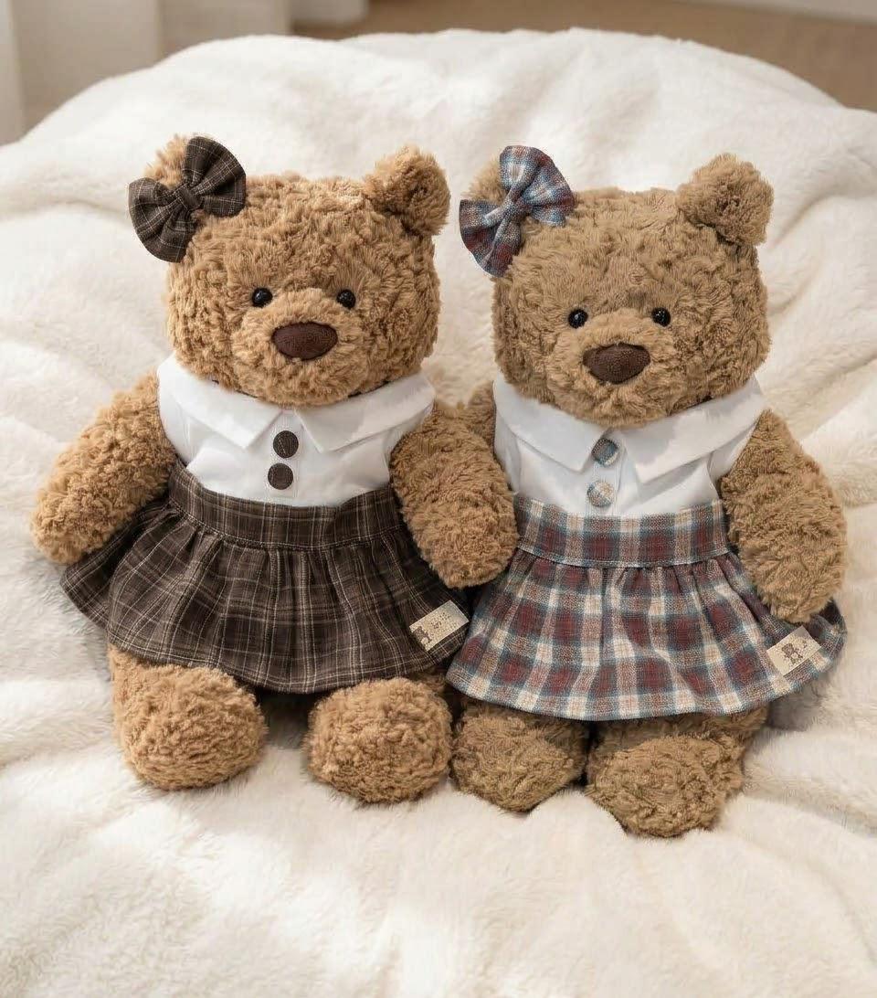 School Uniform for Jellycat Bartholomew Bear, Plaid Pleated Skirt, Collared Top and Bow