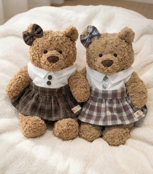 School Uniform for Jellycat Bartholomew Bear, Plaid Pleated Skirt, Collared Top and Bow