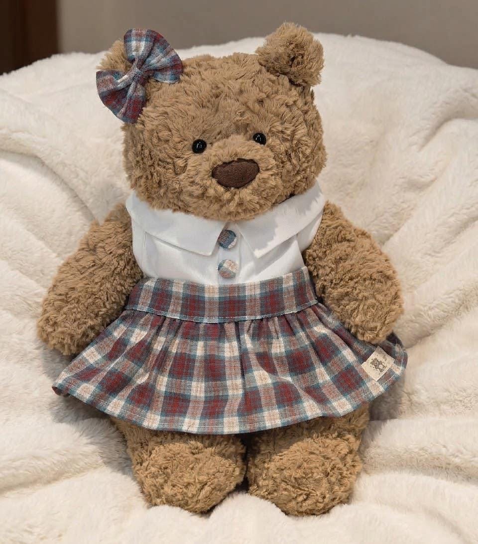 School Uniform for Jellycat Bartholomew Bear, Plaid Pleated Skirt, Collared Top and Bow – photo 2