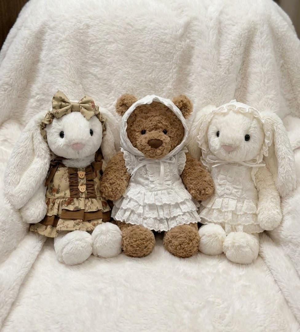 Lace Dress and Bonnet for Jellycat Bartholomew Bear & Bashful Bunny, Ruffle Outfit