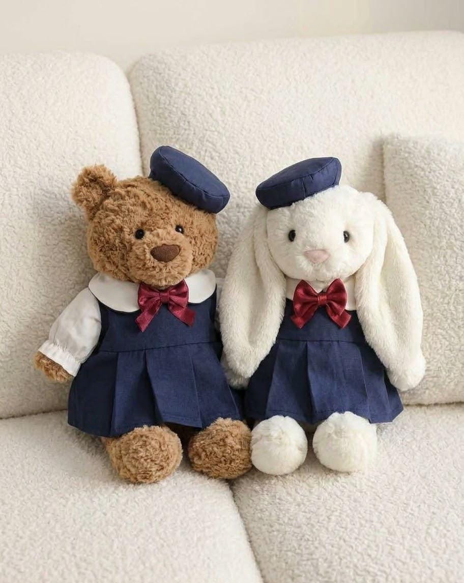 Navy School Uniform for Jellycat Bartholomew Bear & Bashful Bunny, Beret and Plaid Bow