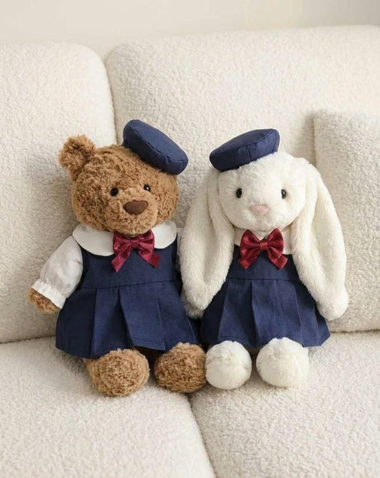 Navy School Uniform for Jellycat Bartholomew Bear & Bashful Bunny, Beret and Plaid Bow