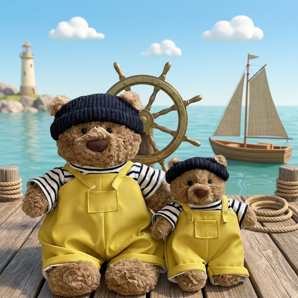 Two Bartholomew Bear plush toys wearing yellow sailor overalls, striped shirts, and navy hats